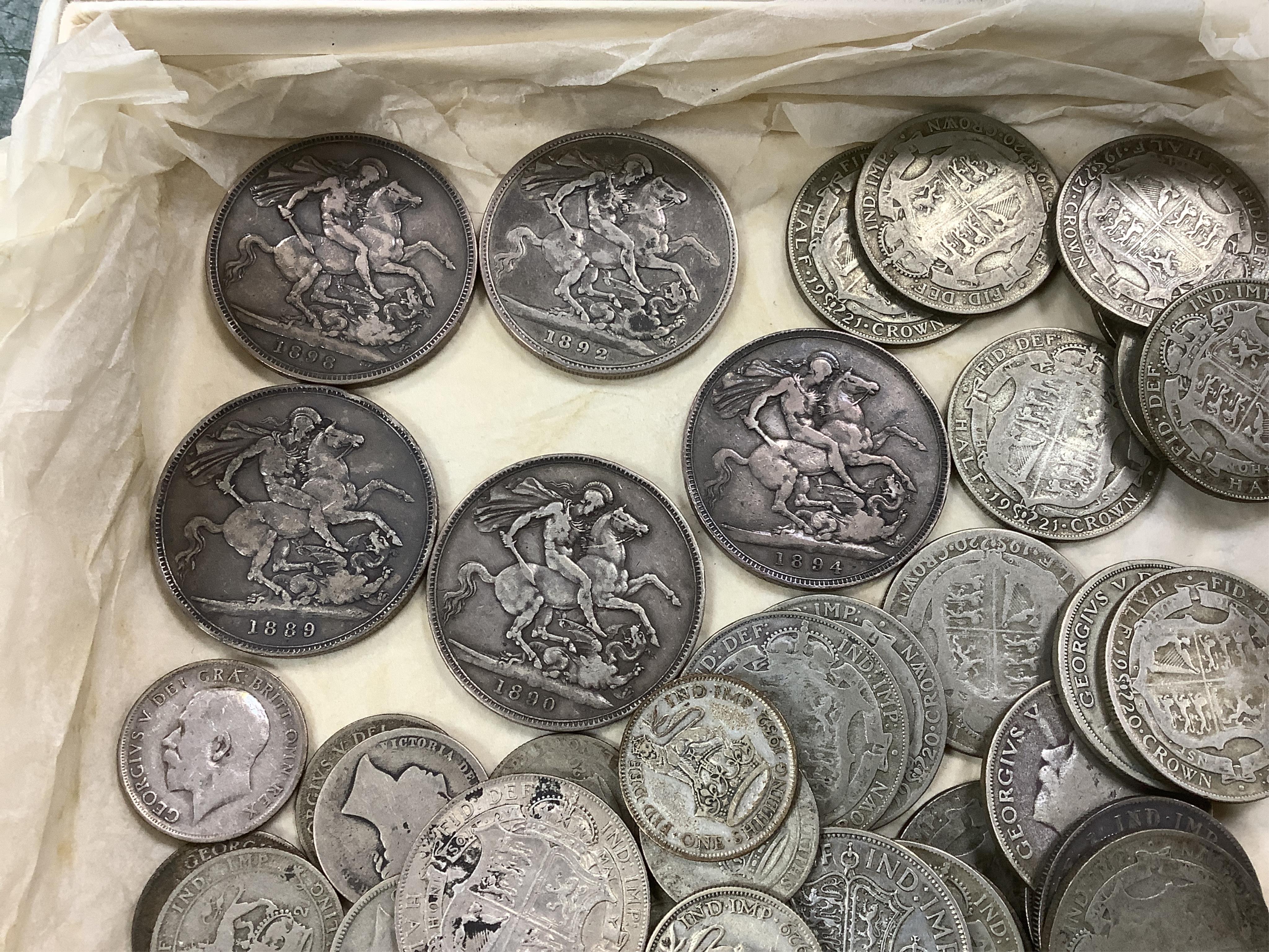 British silver coins, Victoria to George VI, five crowns, various halfcrowns and florins, 1900-1946